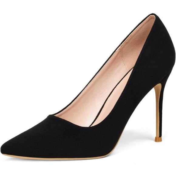 Women Black SuedePolyurethane Closed Pointed Toe Stiletto High Heel Shoes Pumps - Picture 1 of 8